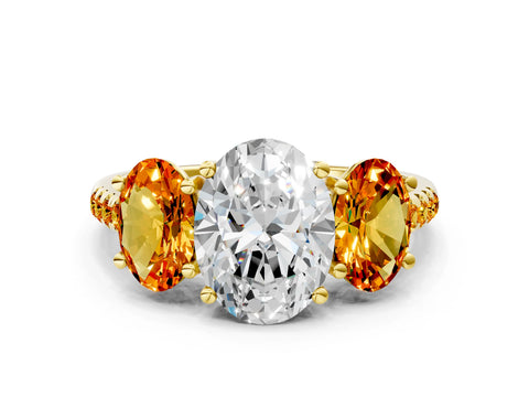 Yellow gold Three-Stone Oval Cut Diamond Ring with Round with Citrine side stone Pavé Band and Prong Setting