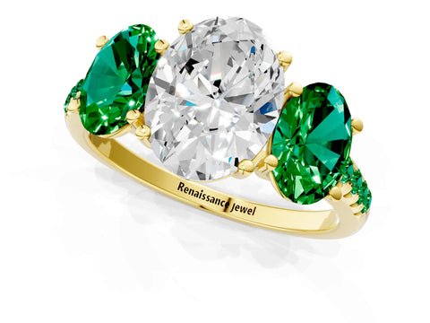Yellow gold Three-Stone Oval Cut Diamond Ring with Round with Emerald side stone Pavé Band and Prong Setting_1