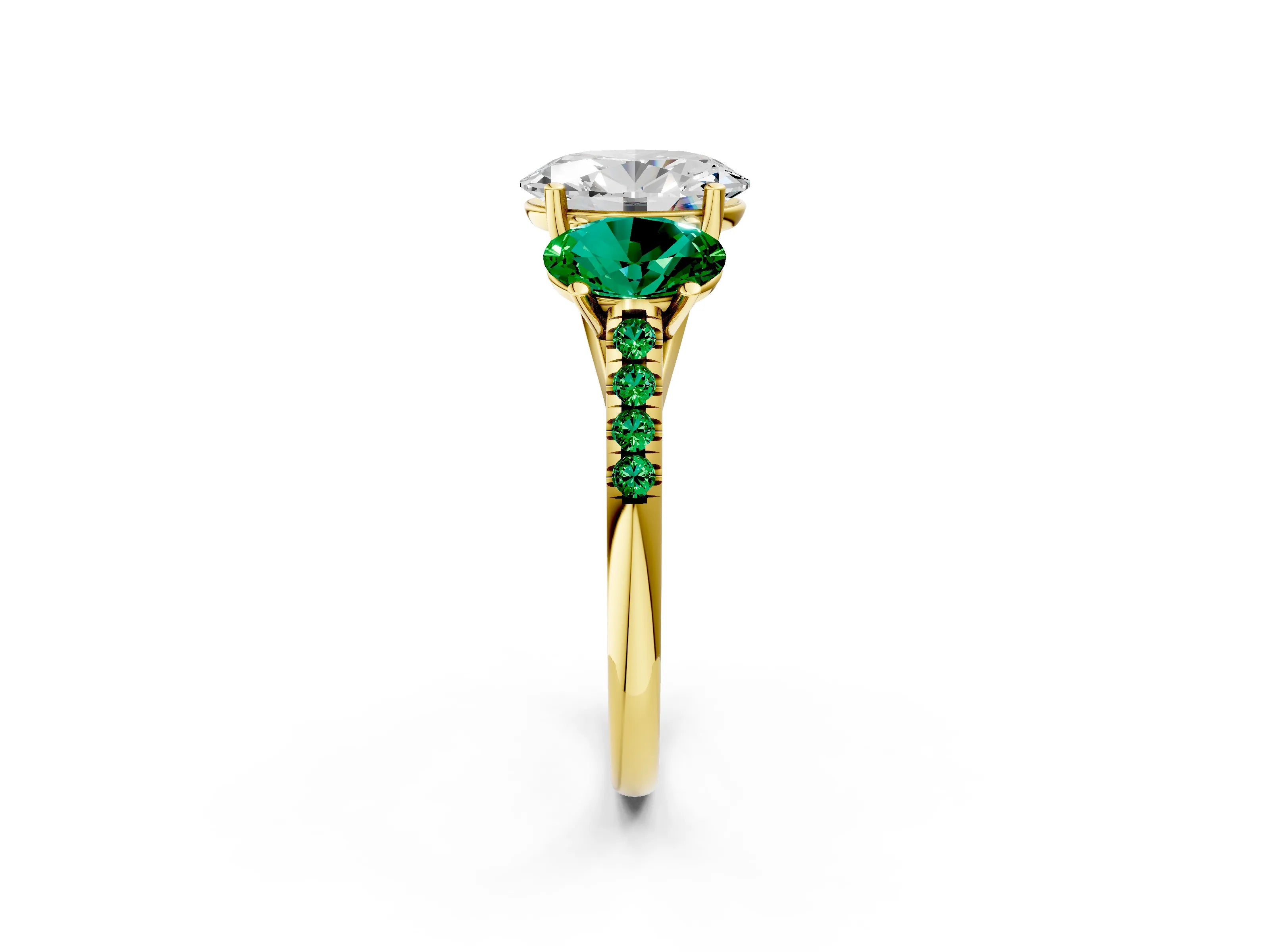 Yellow gold Three-Stone Oval Cut Diamond Ring with Round with Emerald side stone Pavé Band and Prong Setting_2