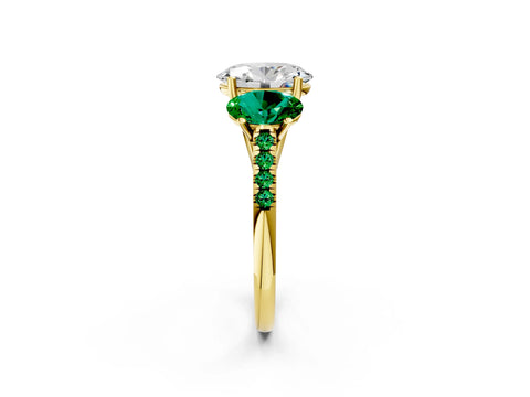 Yellow gold Three-Stone Oval Cut Diamond Ring with Round with Emerald side stone Pavé Band and Prong Setting_2