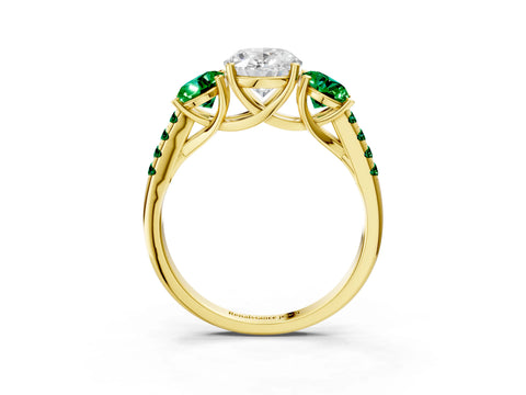 Yellow gold Three-Stone Oval Cut Diamond Ring with Round with Emerald side stone Pavé Band and Prong Setting_3