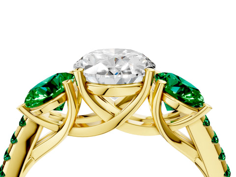 Yellow gold Three-Stone Oval Cut Diamond Ring with Round with Emerald side stone Pavé Band and Prong Setting_4