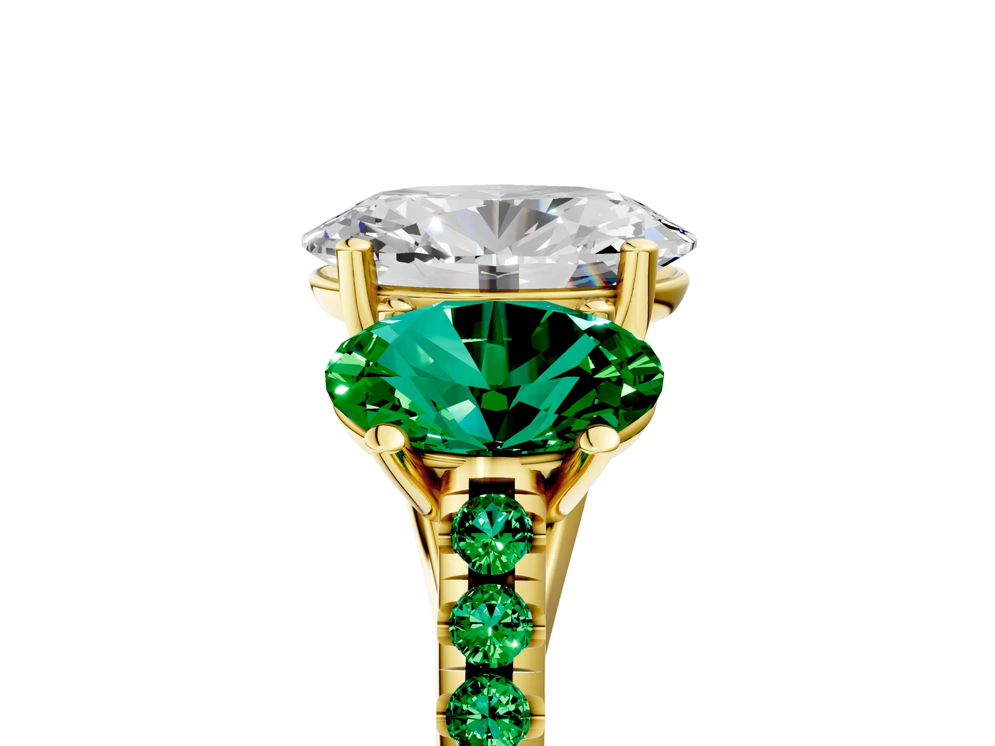 Yellow gold Three-Stone Oval Cut Diamond Ring with Round with Emerald side stone Pavé Band and Prong Setting_5