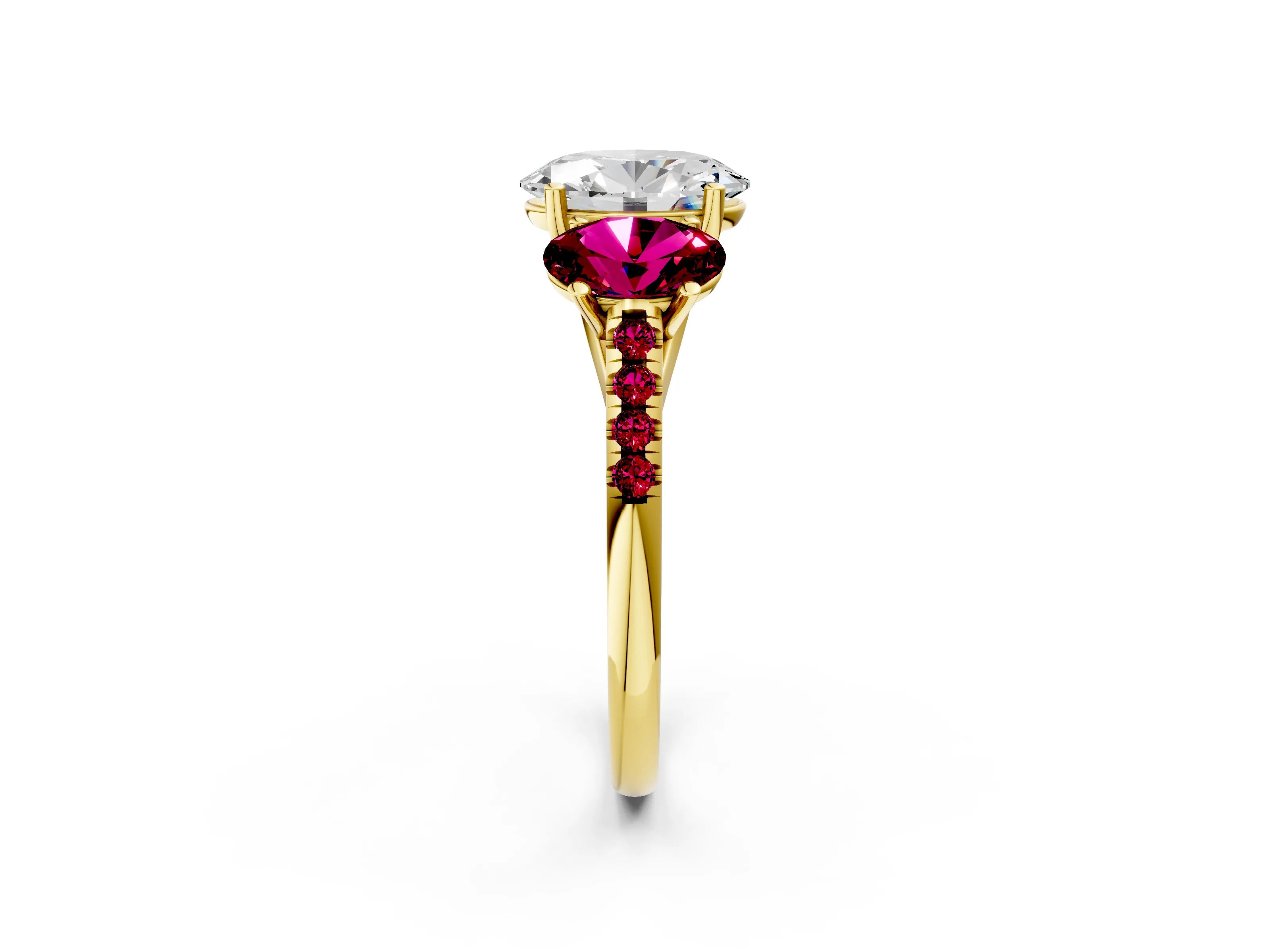 Yellow gold Three-Stone Oval Cut Diamond Ring with Round with Garnet side stone Pavé Band and Prong Setting_2