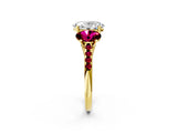 Yellow gold Three-Stone Oval Cut Diamond Ring with Round with Garnet side stone Pavé Band and Prong Setting_2