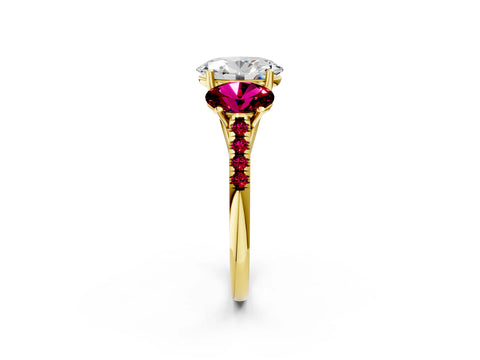 Yellow gold Three-Stone Oval Cut Diamond Ring with Round with Garnet side stone Pavé Band and Prong Setting_2