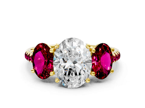Yellow gold Three-Stone Oval Cut Diamond Ring with Round with Garnet side stone Pavé Band and Prong Setting