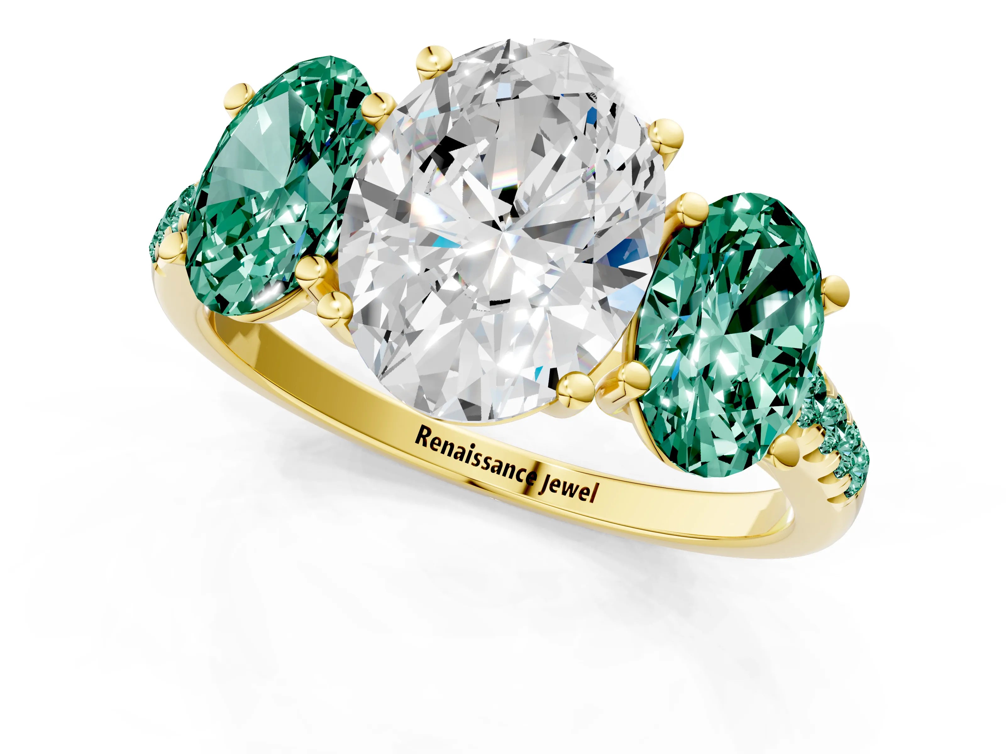 Yellow gold Three-Stone Oval Cut Diamond Ring with Round with Green Sapphire side stone Pavé Band and Prong Setting_1