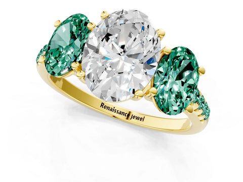 Yellow gold Three-Stone Oval Cut Diamond Ring with Round with Green Sapphire side stone Pavé Band and Prong Setting_1