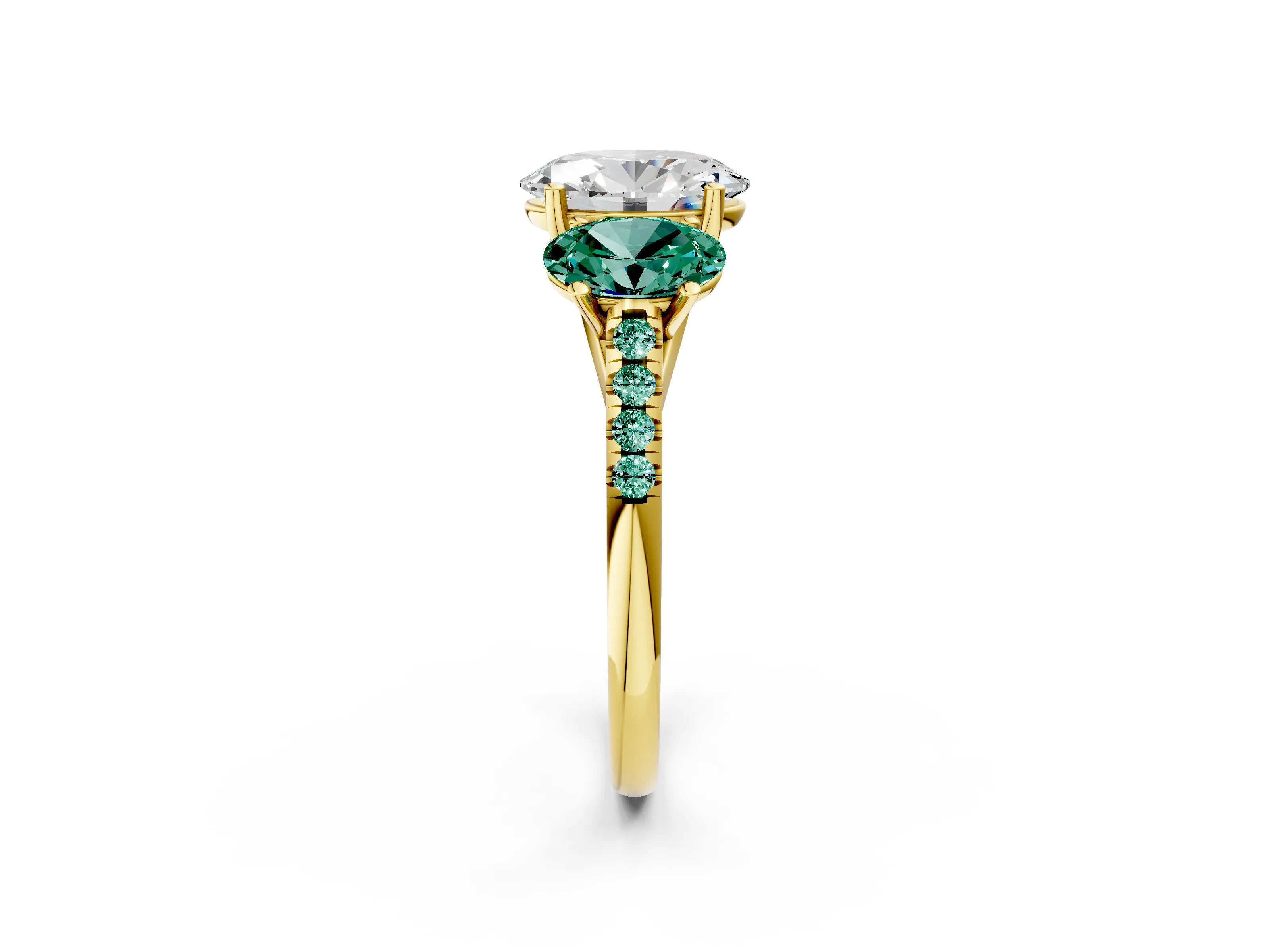 Yellow gold Three-Stone Oval Cut Diamond Ring with Round with Green Sapphire side stone Pavé Band and Prong Setting_2