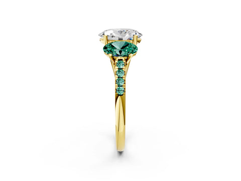Yellow gold Three-Stone Oval Cut Diamond Ring with Round with Green Sapphire side stone Pavé Band and Prong Setting_2