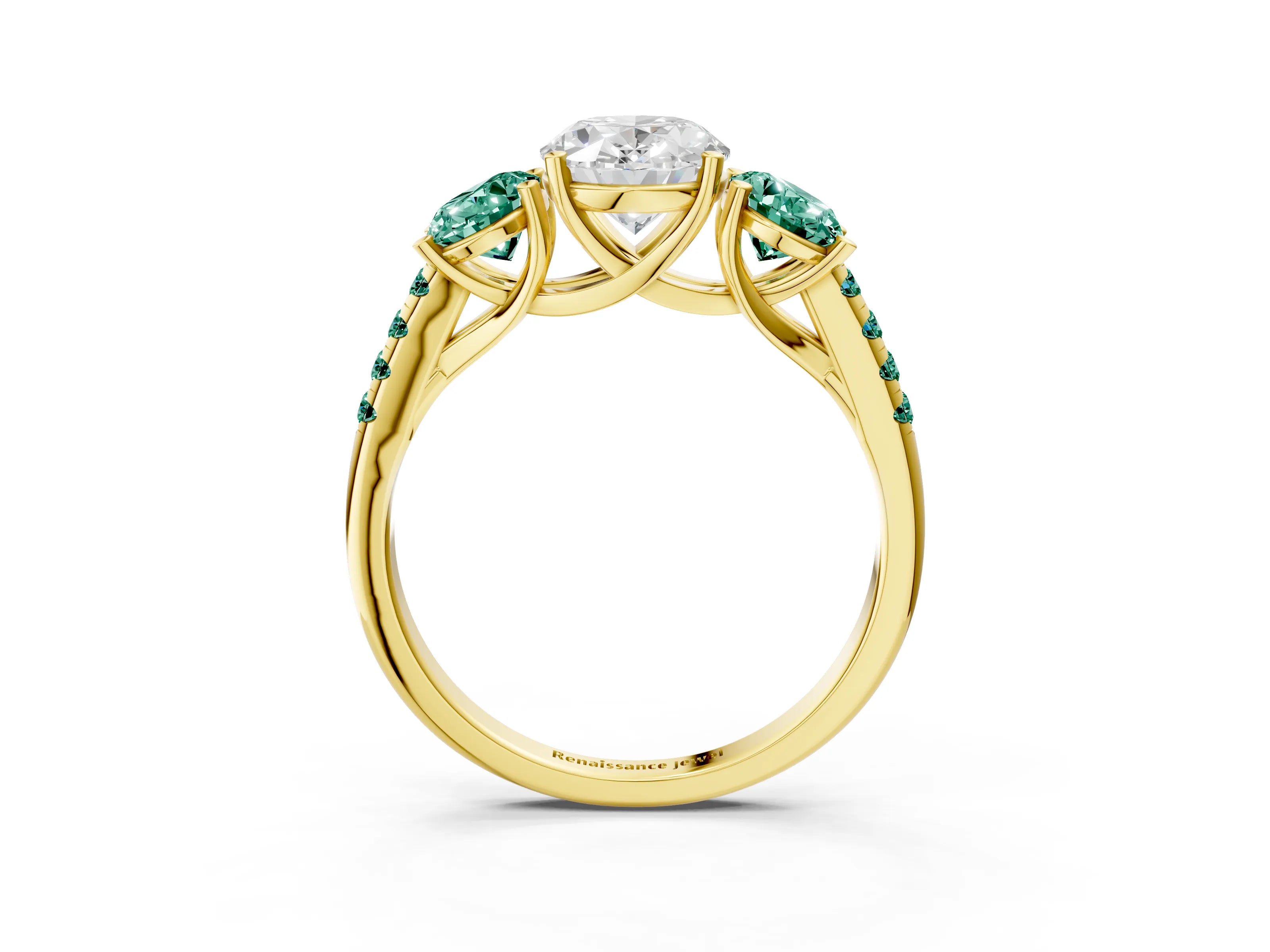 Yellow gold Three-Stone Oval Cut Diamond Ring with Round with Green Sapphire side stone Pavé Band and Prong Setting_3
