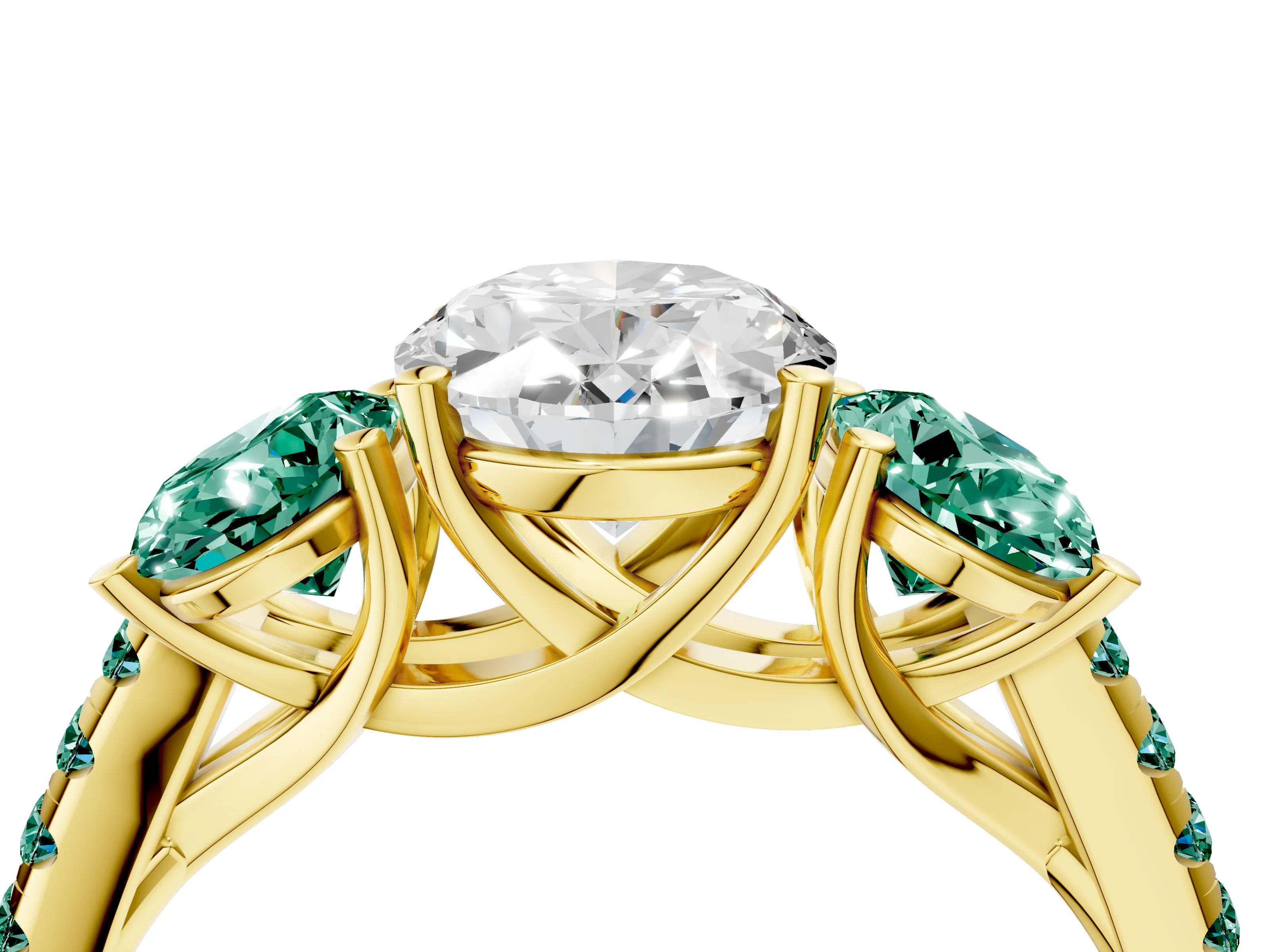 Yellow gold Three-Stone Oval Cut Diamond Ring with Round with Green Sapphire side stone Pavé Band and Prong Setting_4