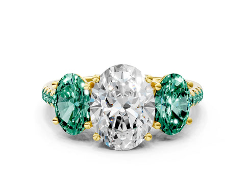 Yellow gold Three-Stone Oval Cut Diamond Ring with Round with Green Sapphire side stone Pavé Band and Prong Setting