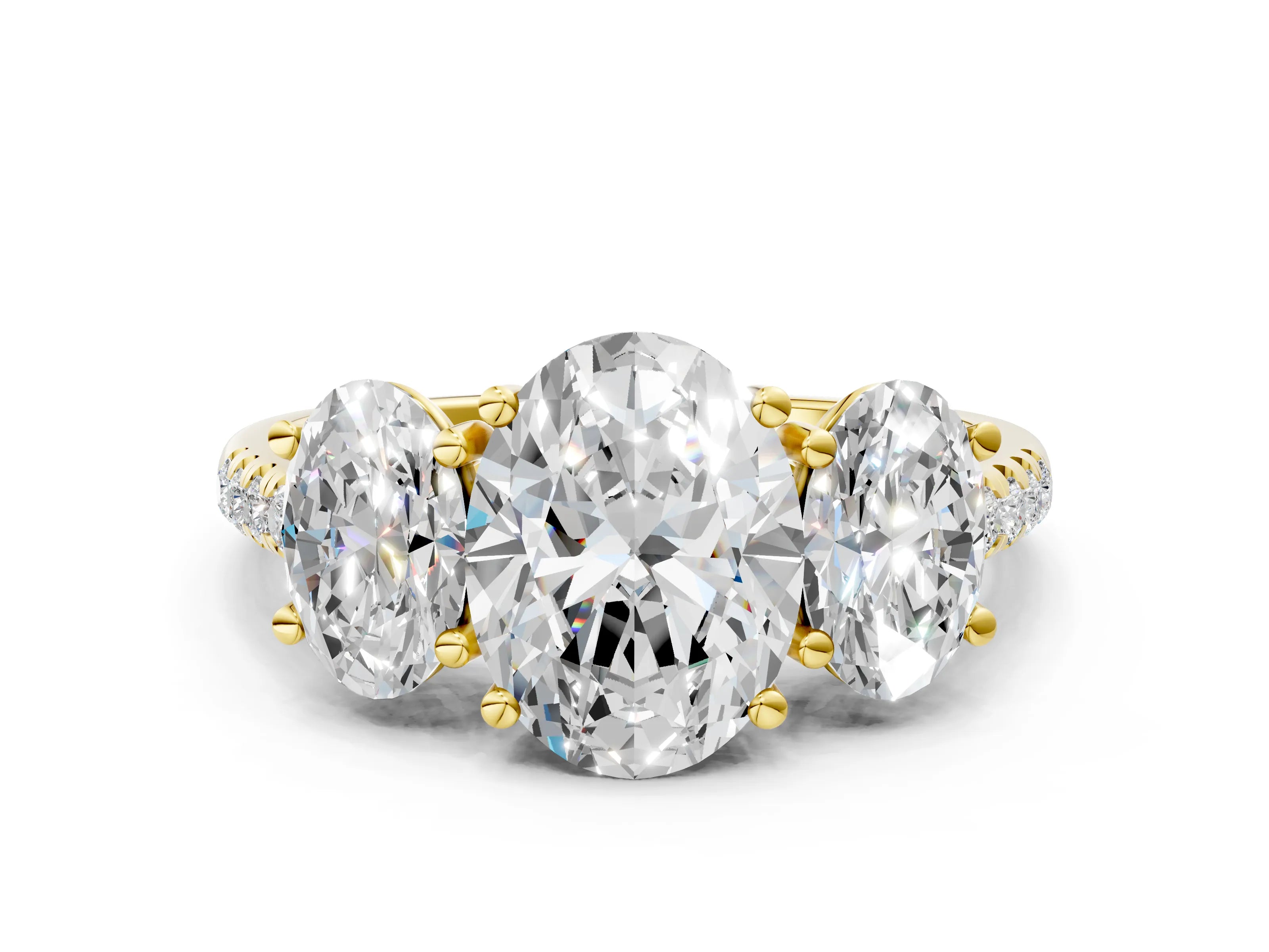 Yellow gold Three-Stone Oval Cut Diamond Ring with Round with Moissanite side stone Pavé Band and Prong Setting