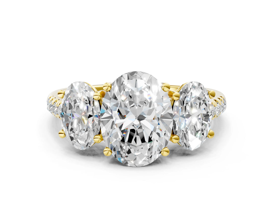 Yellow gold Three-Stone Oval Cut Diamond Ring with Round with Moissanite side stone Pavé Band and Prong Setting