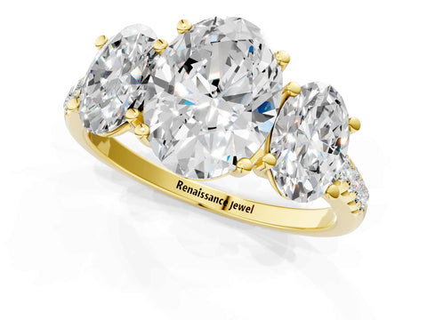 Yellow gold Three-Stone Oval Cut Diamond Ring with Round with Moissanite side stone Pavé Band and Prong Setting_1