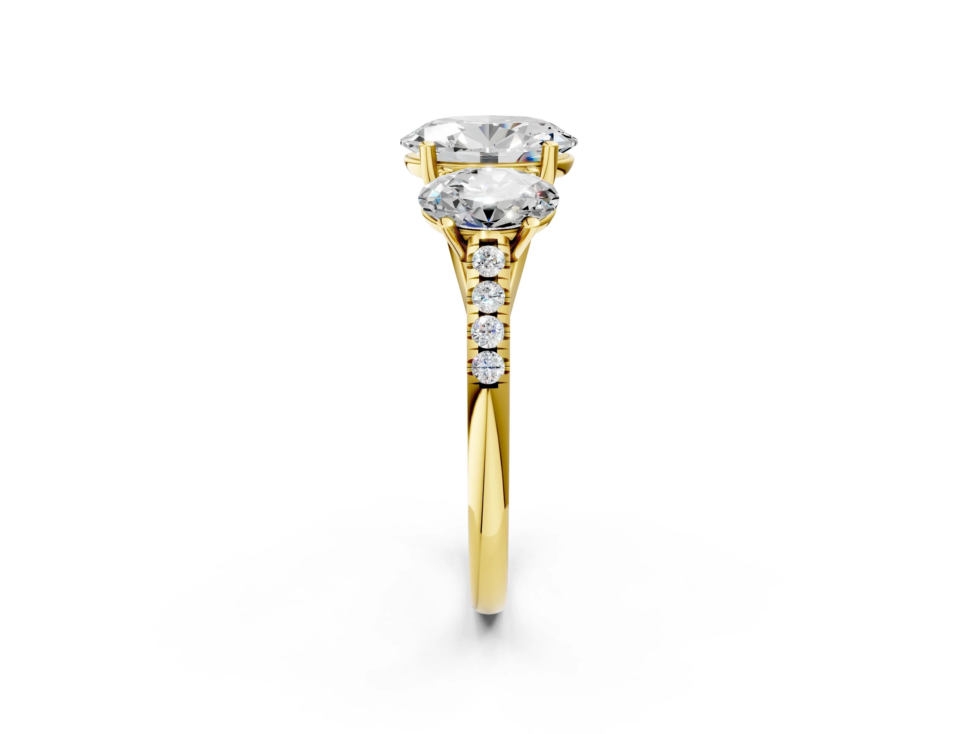 Yellow gold Three-Stone Oval Cut Diamond Ring with Round with Moissanite side stone Pavé Band and Prong Setting_2