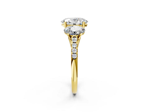 Yellow gold Three-Stone Oval Cut Diamond Ring with Round with Moissanite side stone Pavé Band and Prong Setting_2