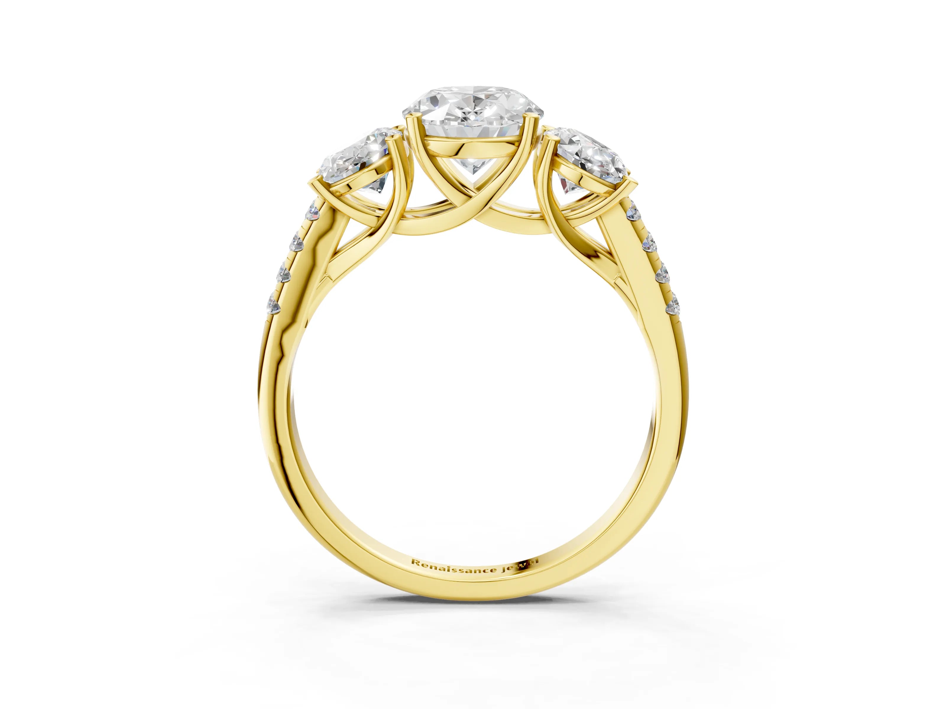 Yellow gold Three-Stone Oval Cut Diamond Ring with Round with Moissanite side stone Pavé Band and Prong Setting_3