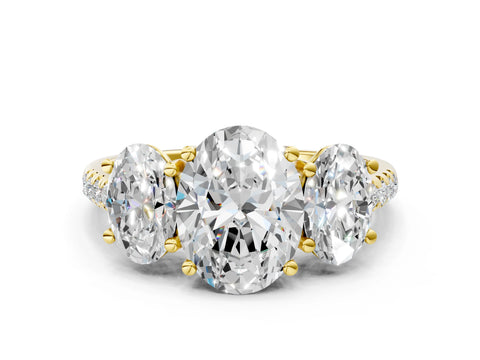Yellow gold Three-Stone Oval Cut Diamond Ring with Round with Moissanite side stone Pavé Band and Prong Setting