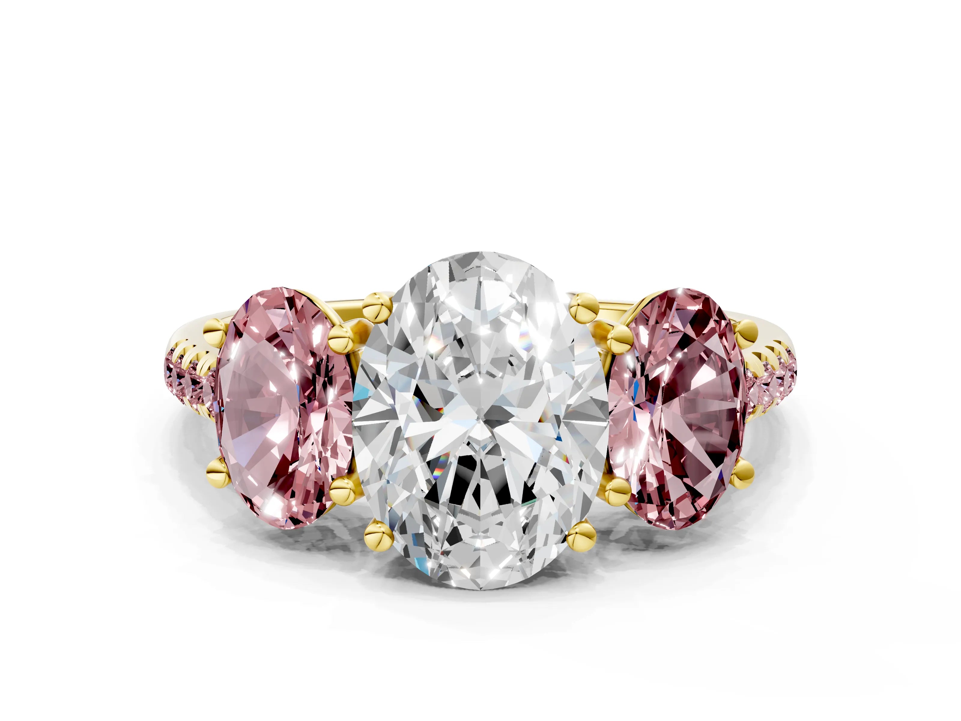 Yellow gold Three-Stone Oval Cut Diamond Ring with Round with Morganite side stone Pavé Band and Prong Setting