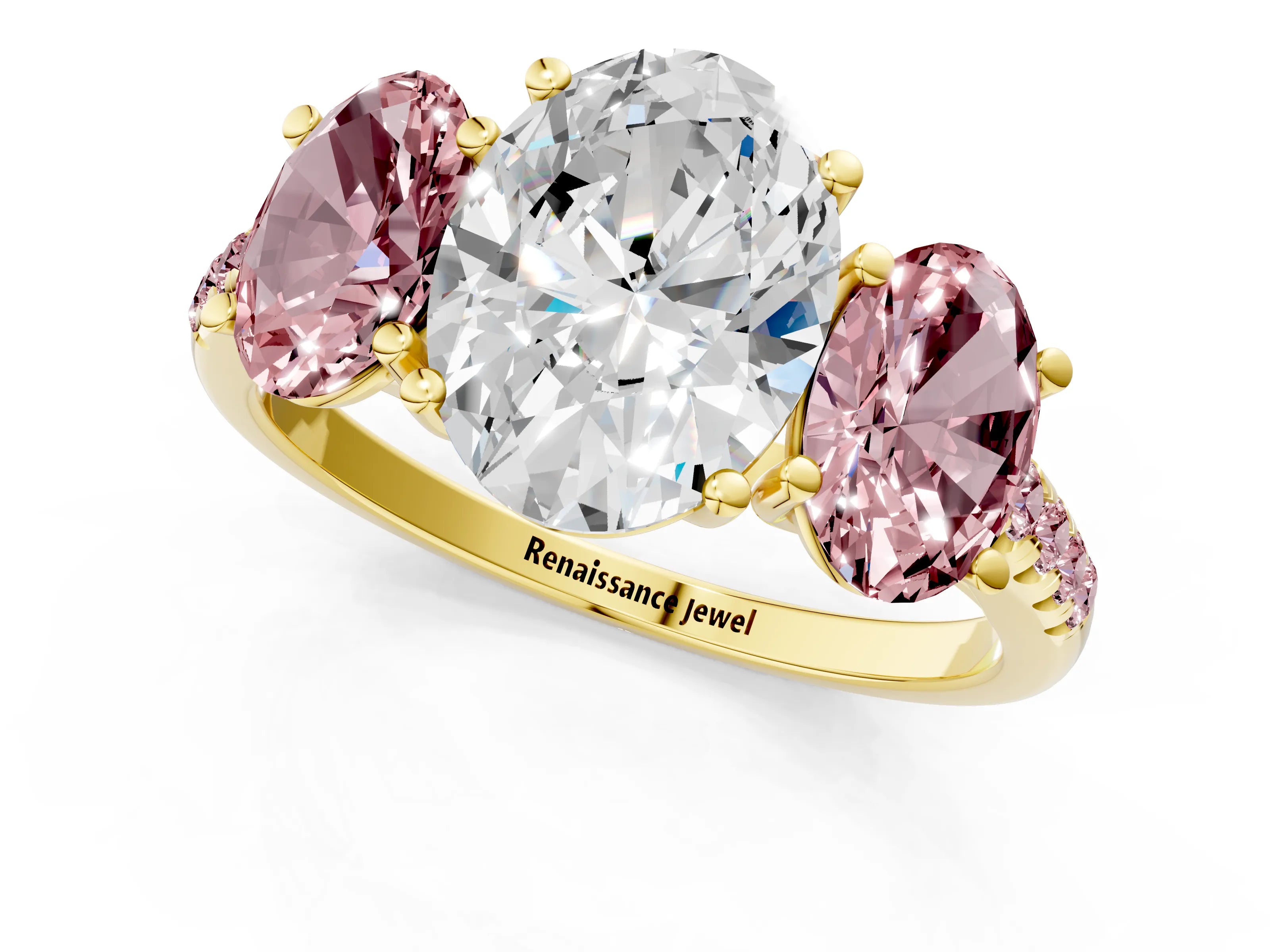 Yellow gold Three-Stone Oval Cut Diamond Ring with Round with Morganite side stone Pavé Band and Prong Setting_1