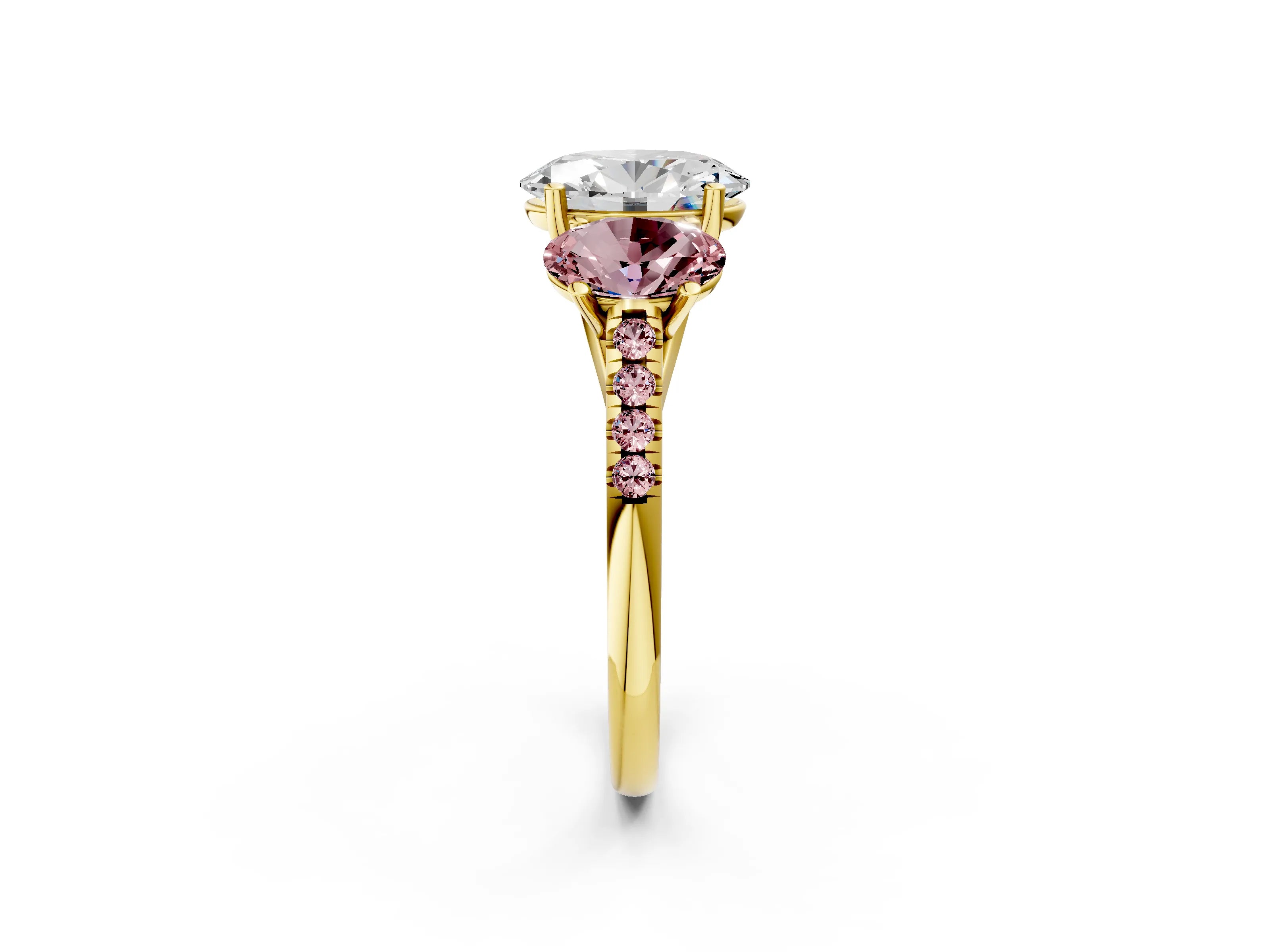 Yellow gold Three-Stone Oval Cut Diamond Ring with Round with Morganite side stone Pavé Band and Prong Setting_2