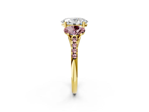 Yellow gold Three-Stone Oval Cut Diamond Ring with Round with Morganite side stone Pavé Band and Prong Setting_2