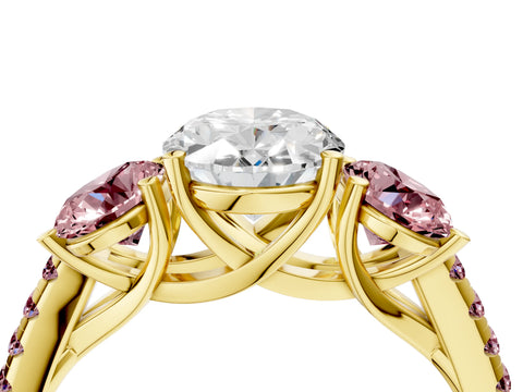 Yellow gold Three-Stone Oval Cut Diamond Ring with Round with Morganite side stone Pavé Band and Prong Setting_4