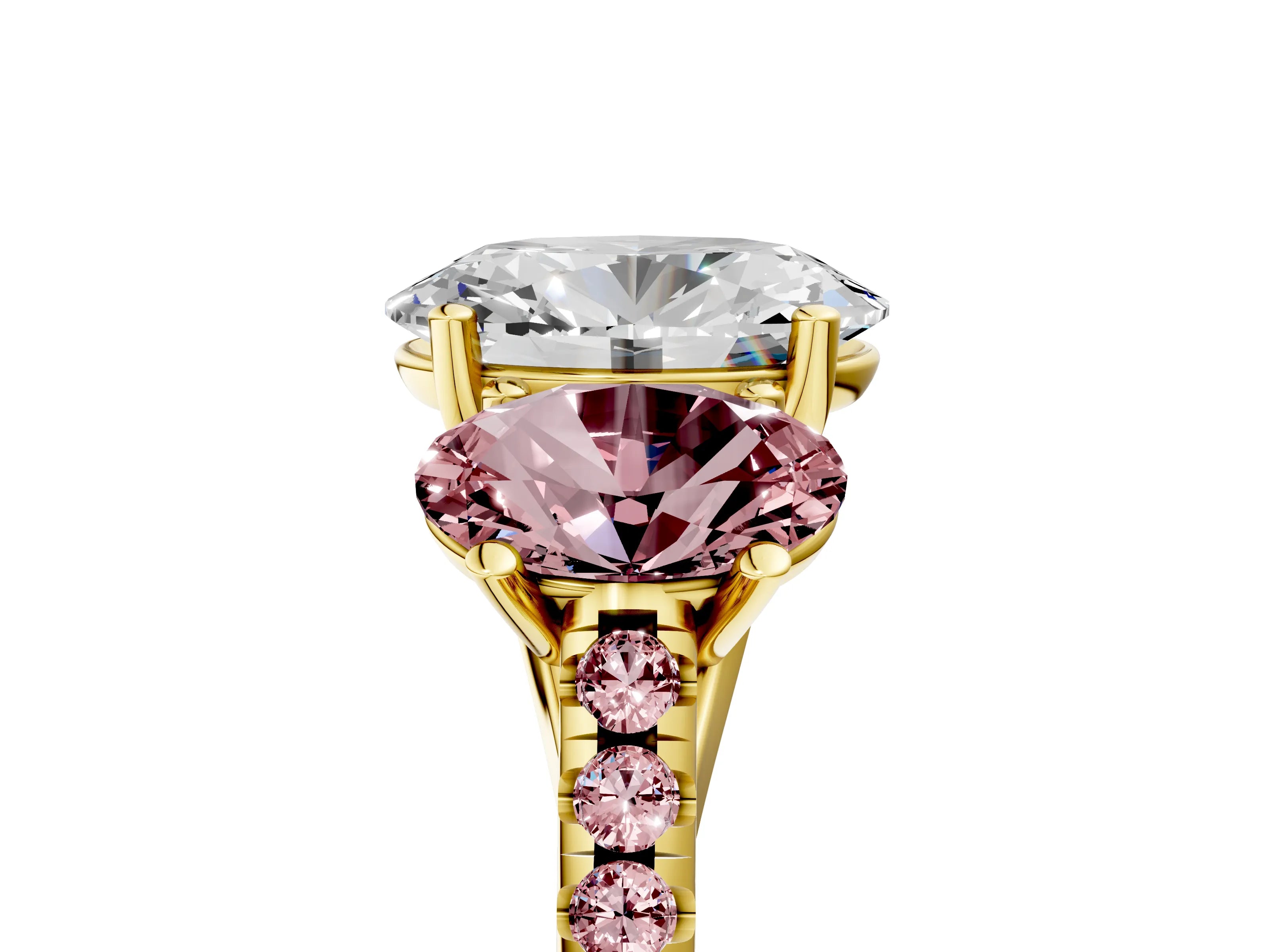 Yellow gold Three-Stone Oval Cut Diamond Ring with Round with Morganite side stone Pavé Band and Prong Setting_5