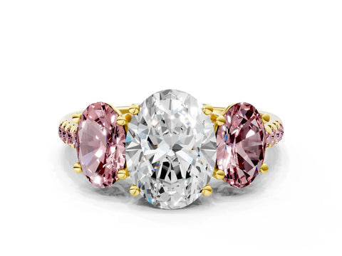 Yellow gold Three-Stone Oval Cut Diamond Ring with Round with Morganite side stone Pavé Band and Prong Setting