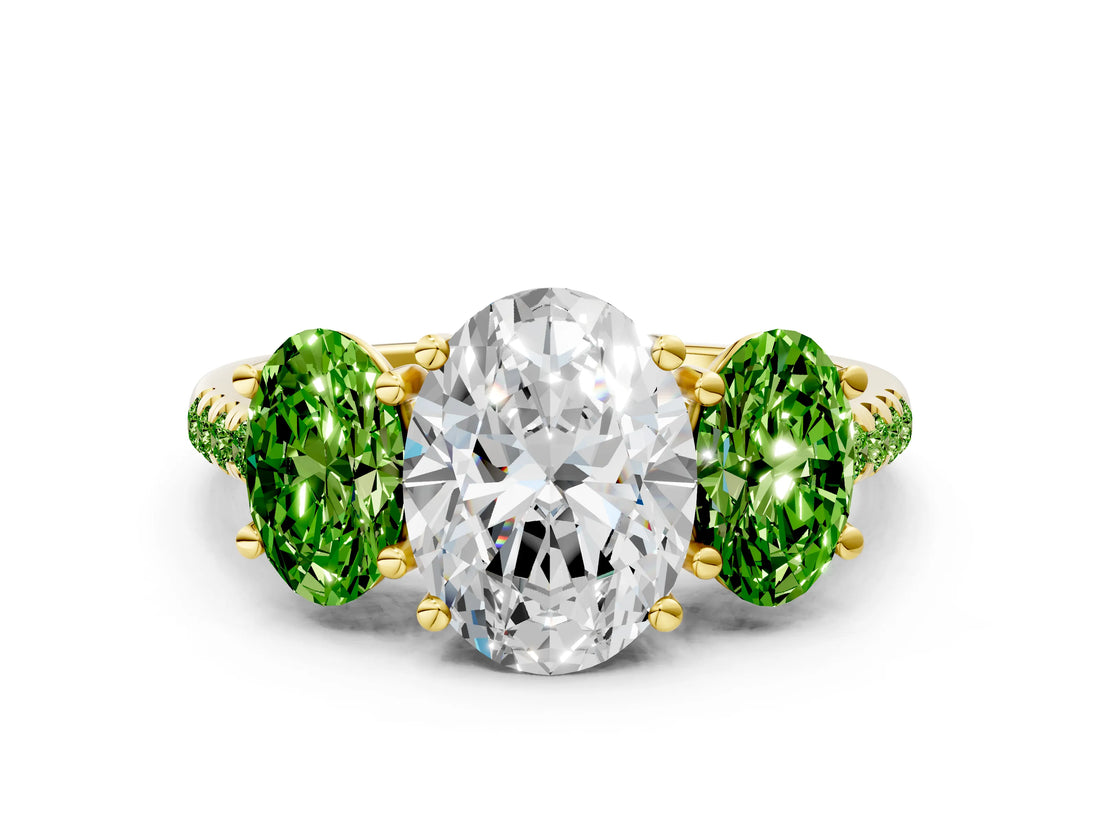 Yellow gold Three-Stone Oval Cut Diamond Ring with Round with Peridot side stone Pavé Band and Prong Setting