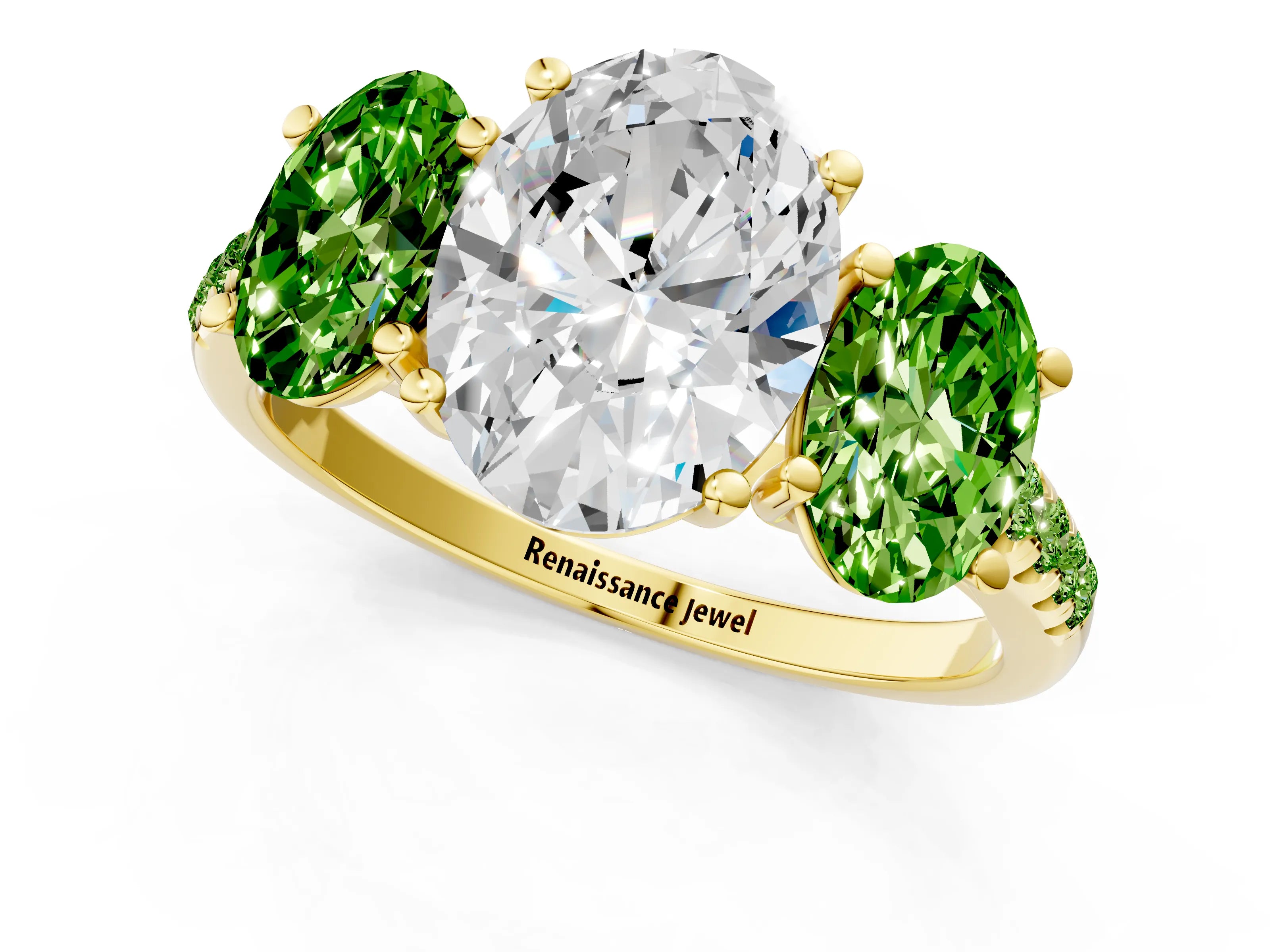 Yellow gold Three-Stone Oval Cut Diamond Ring with Round with Peridot side stone Pavé Band and Prong Setting_1