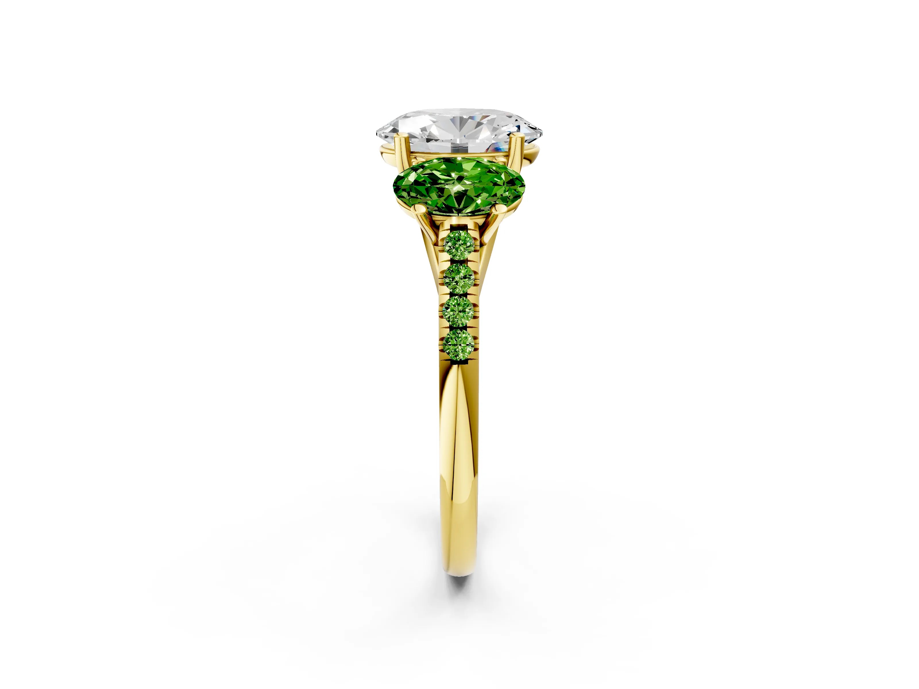 Yellow gold Three-Stone Oval Cut Diamond Ring with Round with Peridot side stone Pavé Band and Prong Setting_2