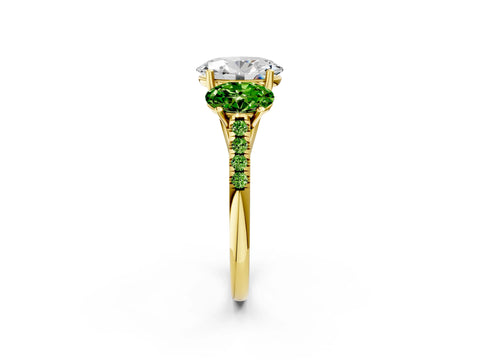 Yellow gold Three-Stone Oval Cut Diamond Ring with Round with Peridot side stone Pavé Band and Prong Setting_2