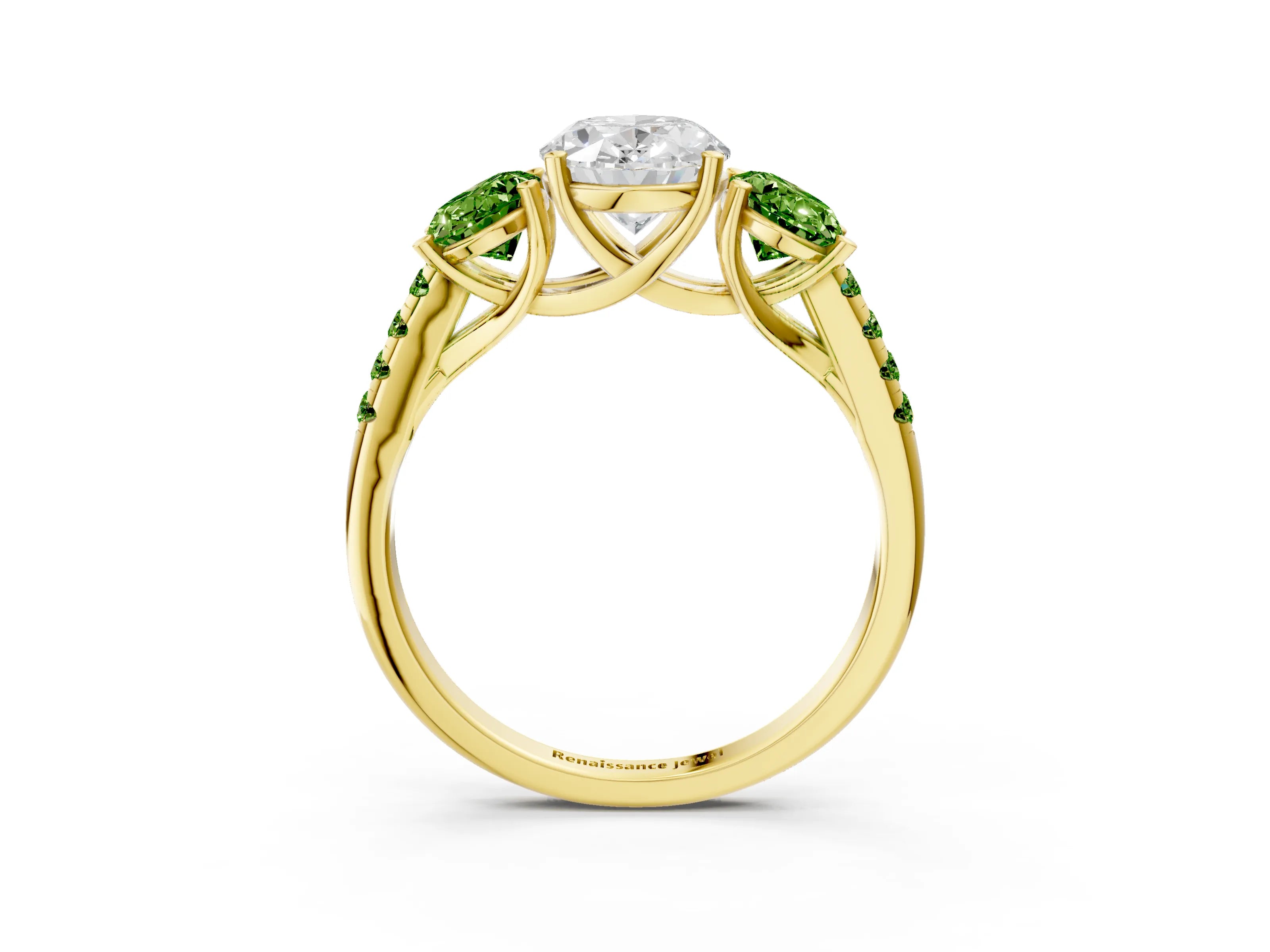 Yellow gold Three-Stone Oval Cut Diamond Ring with Round with Peridot side stone Pavé Band and Prong Setting_3