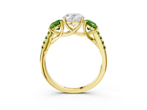 Yellow gold Three-Stone Oval Cut Diamond Ring with Round with Peridot side stone Pavé Band and Prong Setting_3