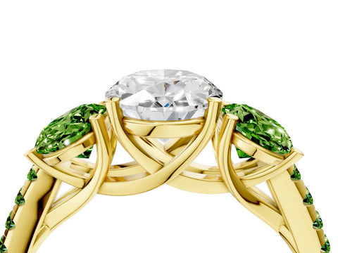 Yellow gold Three-Stone Oval Cut Diamond Ring with Round with Peridot side stone Pavé Band and Prong Setting_4