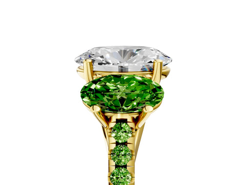 Yellow gold Three-Stone Oval Cut Diamond Ring with Round with Peridot side stone Pavé Band and Prong Setting_5