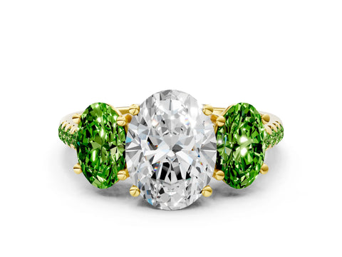 Yellow gold Three-Stone Oval Cut Diamond Ring with Round with Peridot side stone Pavé Band and Prong Setting