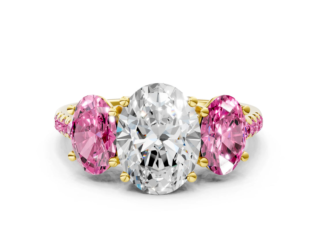 Yellow gold Three-Stone Oval Cut Diamond Ring with Round with Pink Sapphire side stone Pavé Band and Prong Setting