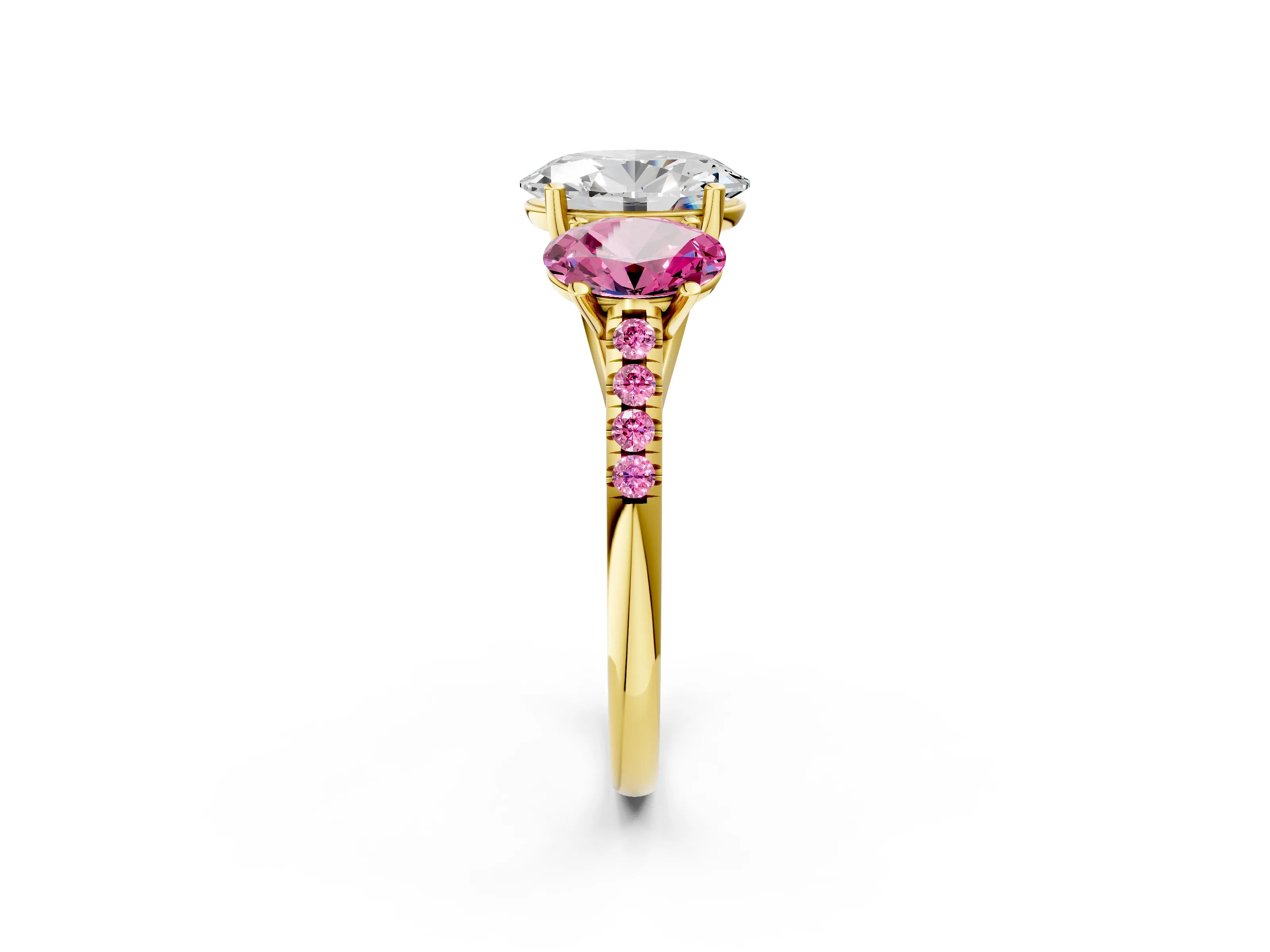 Yellow gold Three-Stone Oval Cut Diamond Ring with Round with Pink Sapphire side stone Pavé Band and Prong Setting_2