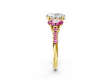 Yellow gold Three-Stone Oval Cut Diamond Ring with Round with Pink Sapphire side stone Pavé Band and Prong Setting_2