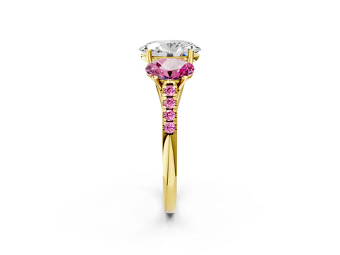 Yellow gold Three-Stone Oval Cut Diamond Ring with Round with Pink Sapphire side stone Pavé Band and Prong Setting_2