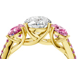 Yellow gold Three-Stone Oval Cut Diamond Ring with Round with Pink Sapphire side stone Pavé Band and Prong Setting_4