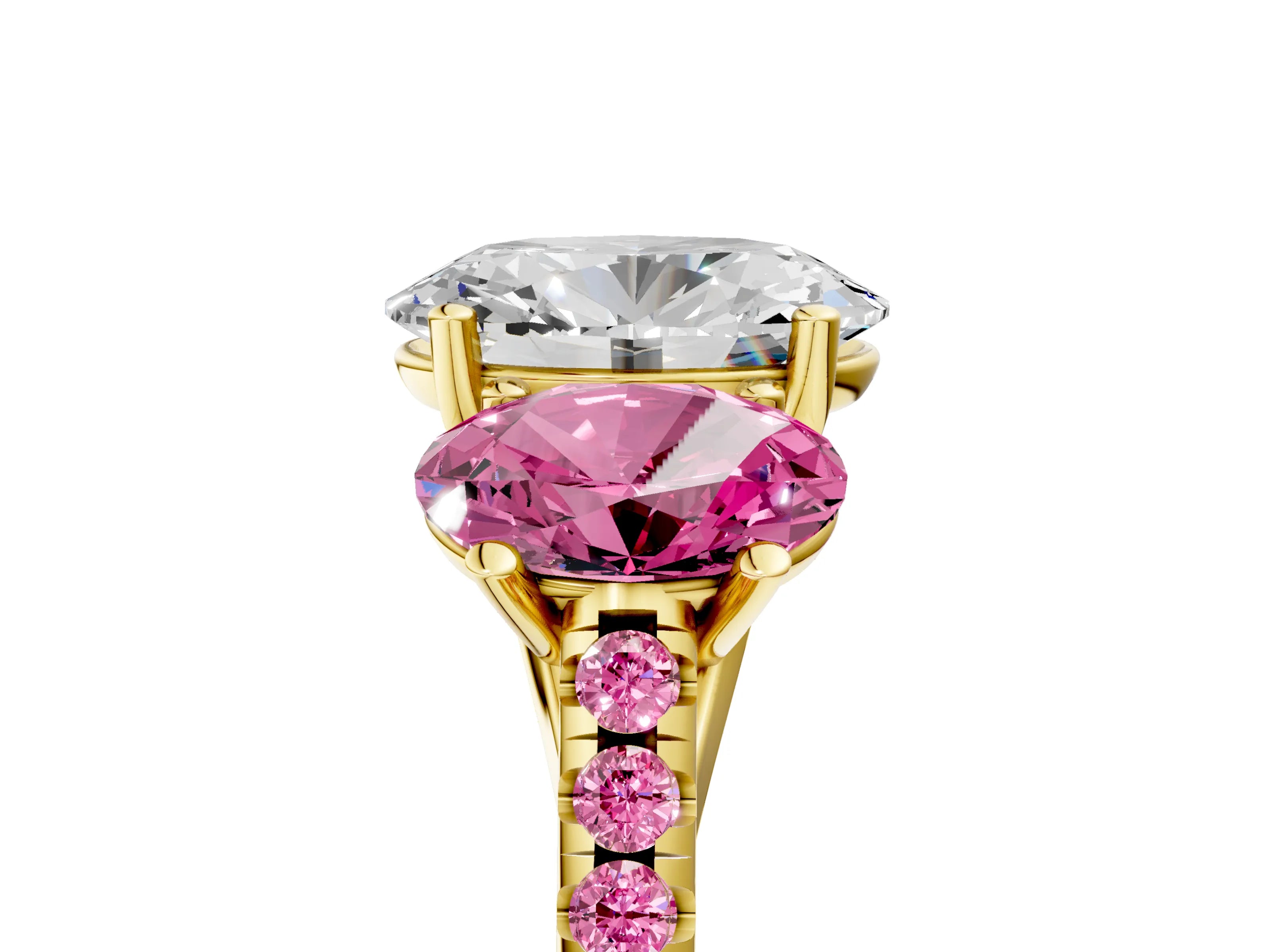 Yellow gold Three-Stone Oval Cut Diamond Ring with Round with Pink Sapphire side stone Pavé Band and Prong Setting_5