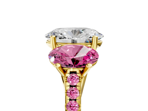 Yellow gold Three-Stone Oval Cut Diamond Ring with Round with Pink Sapphire side stone Pavé Band and Prong Setting_5