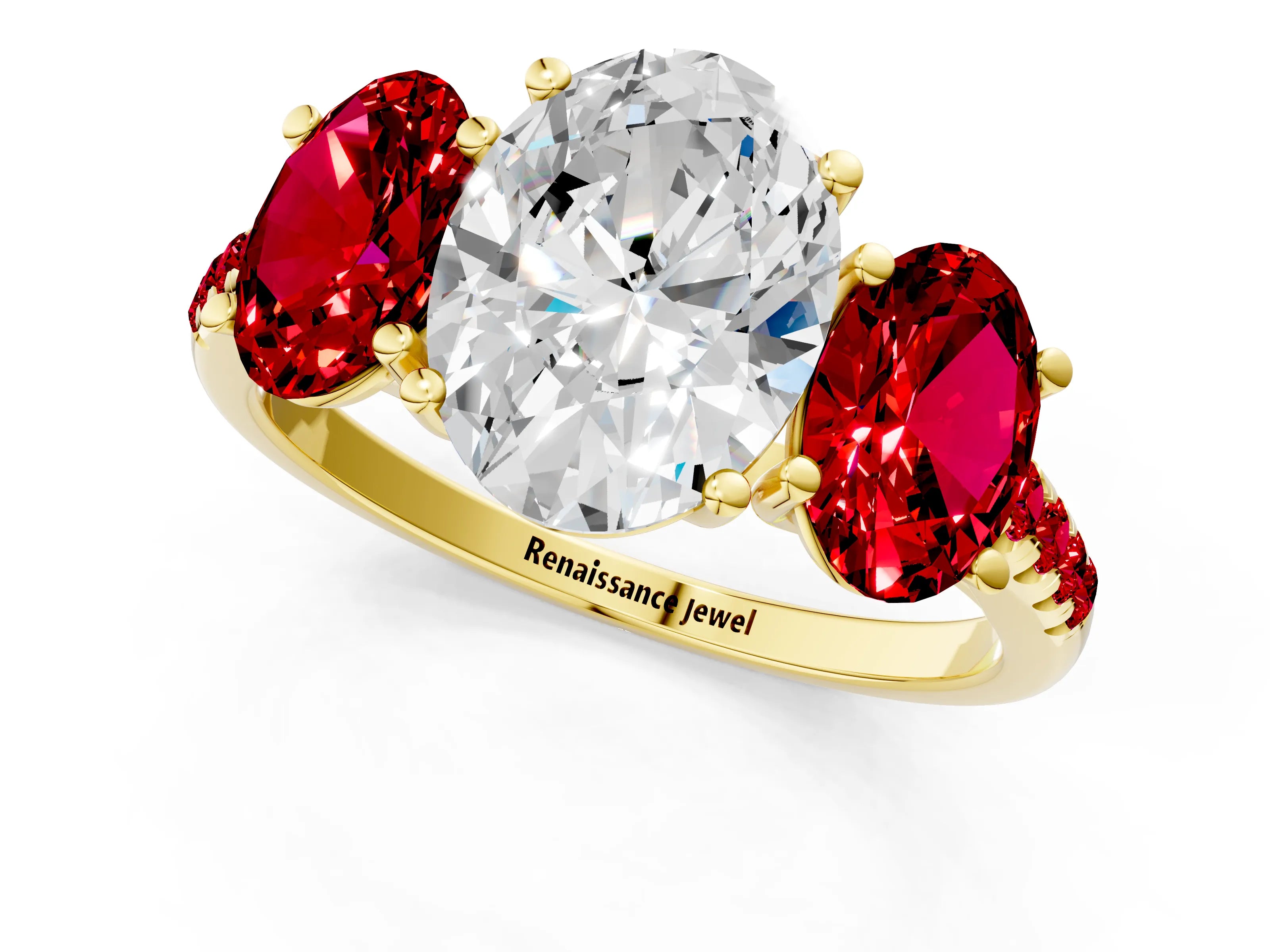 Yellow gold Three-Stone Oval Cut Diamond Ring with Round with Ruby side stone Pavé Band and Prong Setting_1