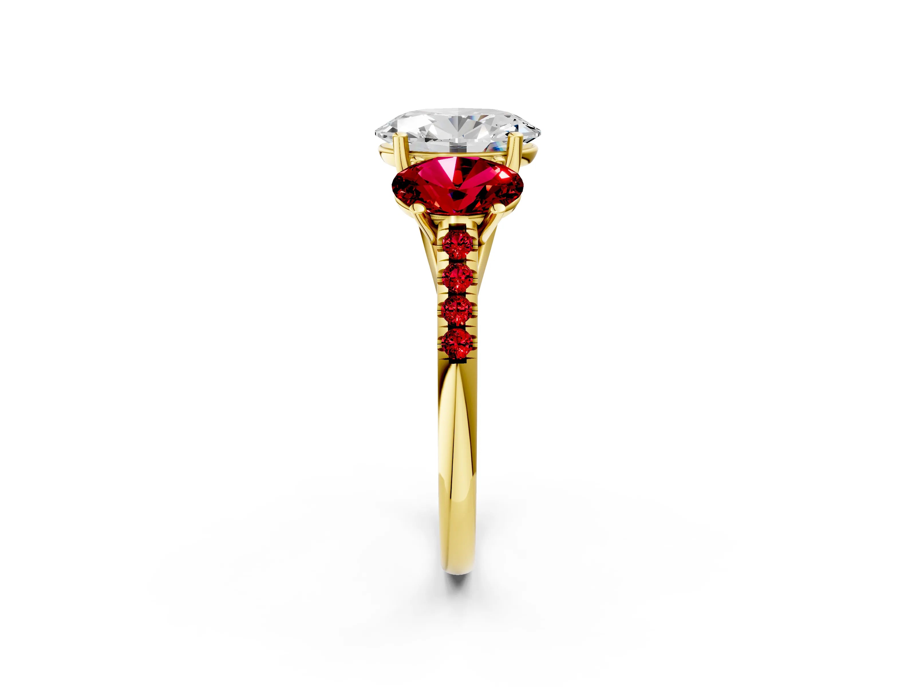 Yellow gold Three-Stone Oval Cut Diamond Ring with Round with Ruby side stone Pavé Band and Prong Setting_2